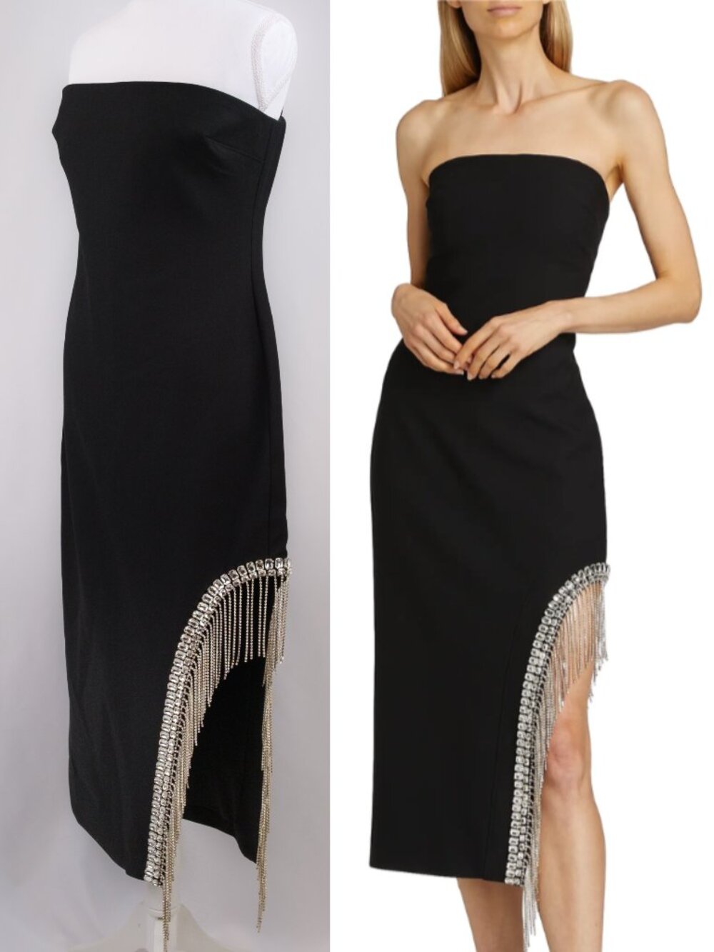 Cinq a Sept Sammy Rhinestone Fringe Cut Out Slit Cocktail Midi Dress, Black US 8